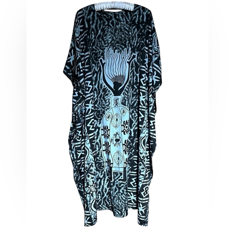 African Queen Black & Gray Kaftan Maxi Dress Overdress Cover Up - Picture 2 of 11